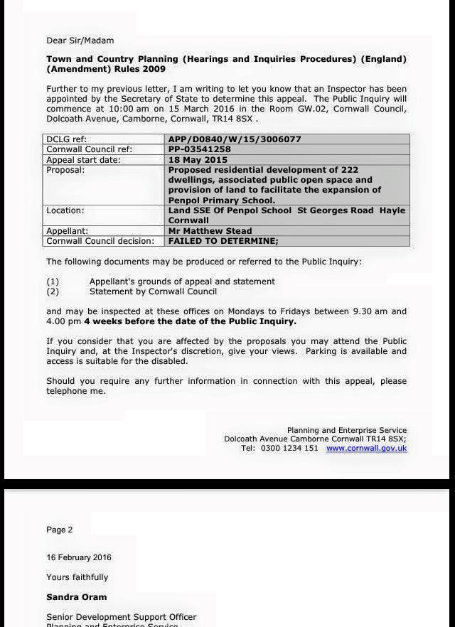 Appeal letter | PA15/02777 | Proposed residential development of 222 dwellings, associated public open space and provision Appeal letter | PA15/02777 | Proposed residential development of 222 dwellings, associated public open space and provision